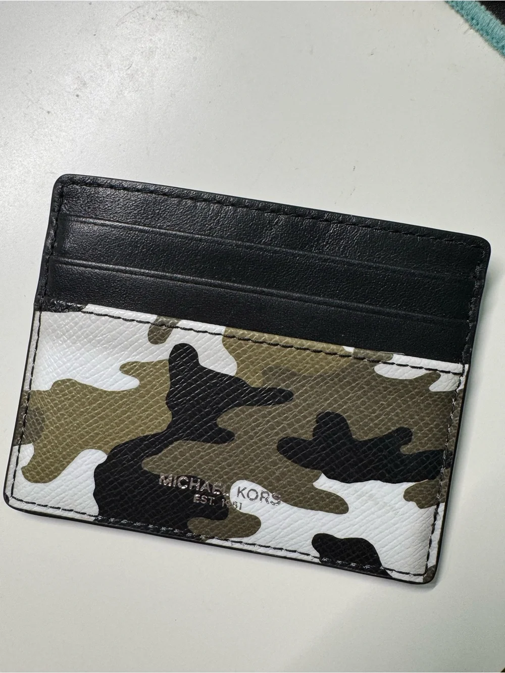 Michael Kors Black & Green Camo Leather Card Holder